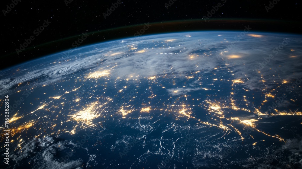 Poster view of earth's illuminated surface from space showing cities and regions at night with a contrastin