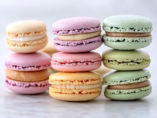 Obraz premium A colorful assortment of macarons stacked artfully on a light background.