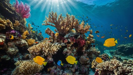 Fototapeta premium Vibrant coral reef teeming with colorful fish and sunrays filtering through clear ocean water