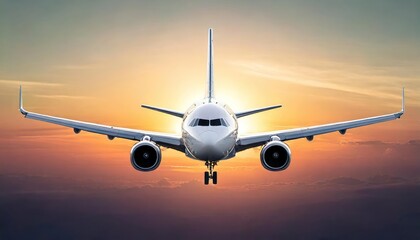 Naklejka premium Airplane flying at sunset 