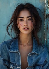 Fototapeta premium Young Woman with Natural Beauty Posing Against a Rustic Wall