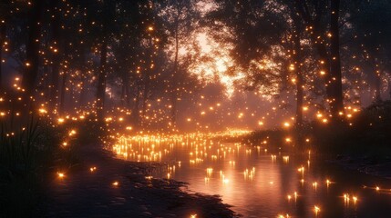 Naklejka premium A serene twilight scene with glowing lights reflecting on a tranquil stream surrounded by trees.