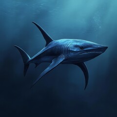 Obraz premium A blue shark swimming in the ocean with its mouth open