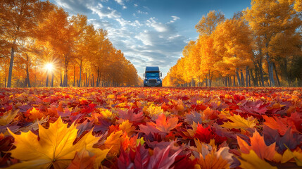 Semi-truck driving on autumn road lined with colorful trees and fallen leaves.