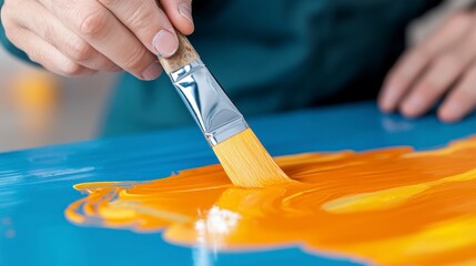 Hand Holding Paint Brush Applying Bright Orange Paint on Blue Surface