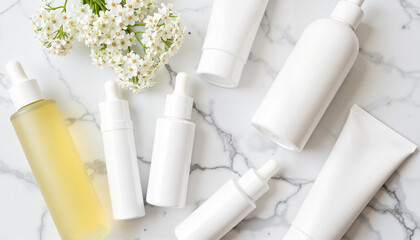 Skincare Routine Flat-Lay with Light Moisturizers and Spring Flowers, Spring Skincare