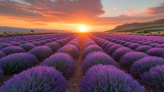 A lavender field in Provence glows with purple and violet hues under the evening sunshine, showcasing floral beauty and tranquility in a stunning summer landscape.