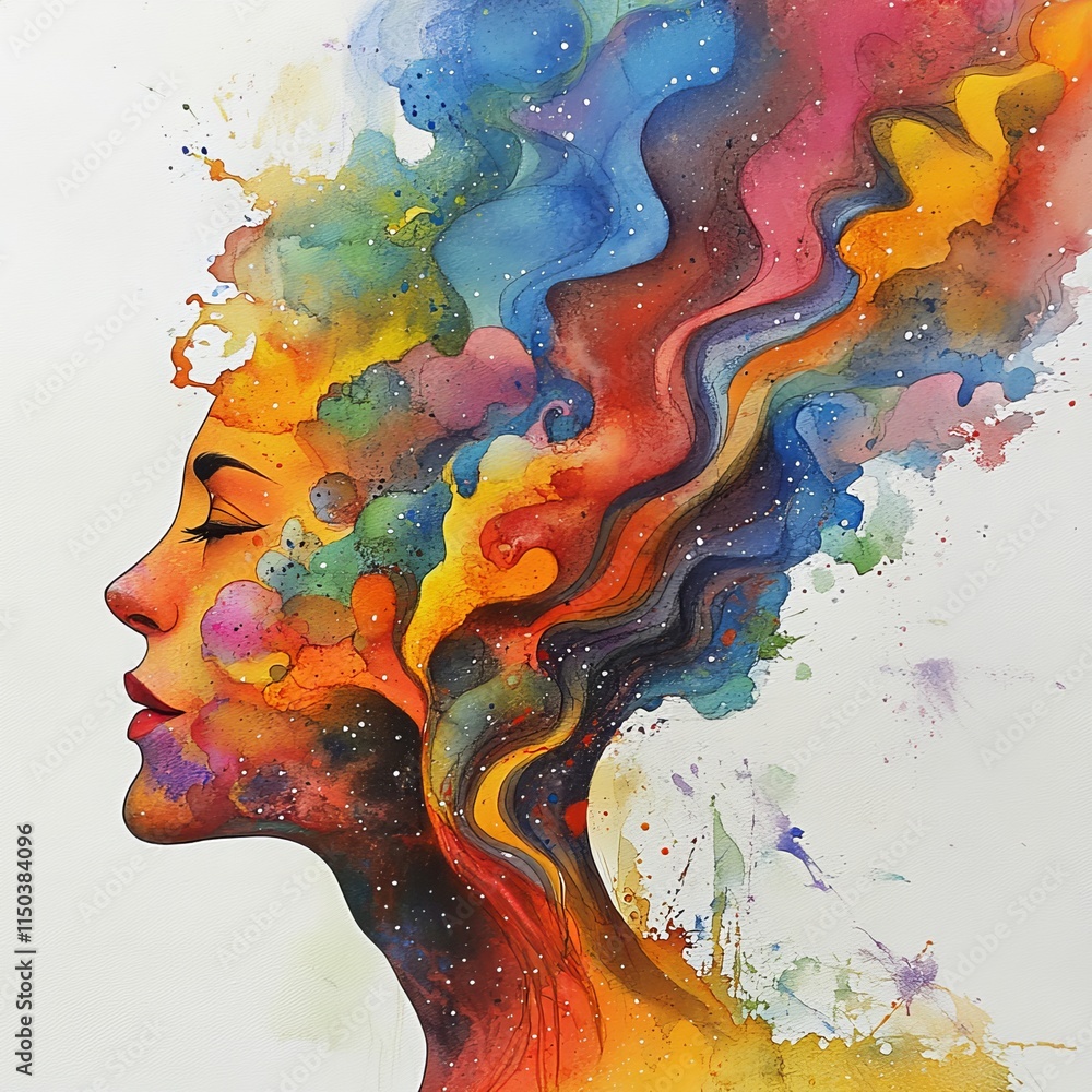 Poster woman's profile emerging from a vibrant array of colors blending harmoniously, showcasing artistic c