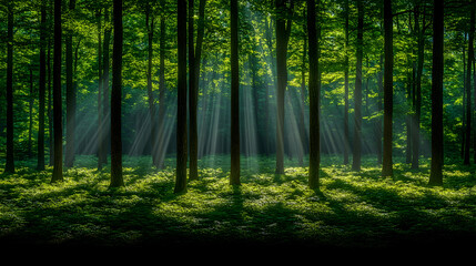 Sunbeams illuminating a lush green forest floor, sunlight streaming through tall trees.