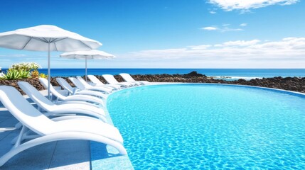 Fototapeta premium Luxury beachfront swimming pool with stylish white deckchairs showcasing an exclusive edge design concept