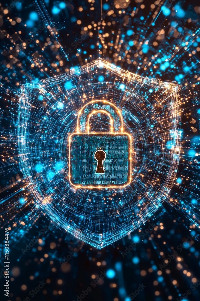 Poster digital security concept with glowing padlock and abstract technology background representing data p