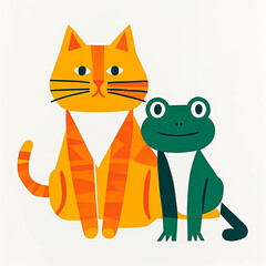 Obraz premium paper-cut style drawing of cat&frog