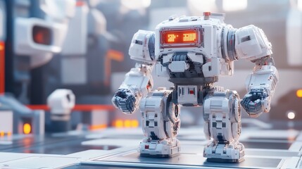 Futuristic white robot in a factory.