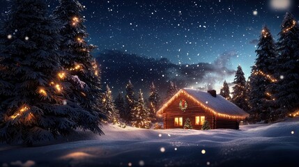 Fototapeta premium Charming Christmas Snow Globe Scene with Nostalgic Cabin and Trees