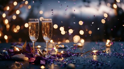 Refined Holiday Toast with Golden Champagne Against Twinkling Lights