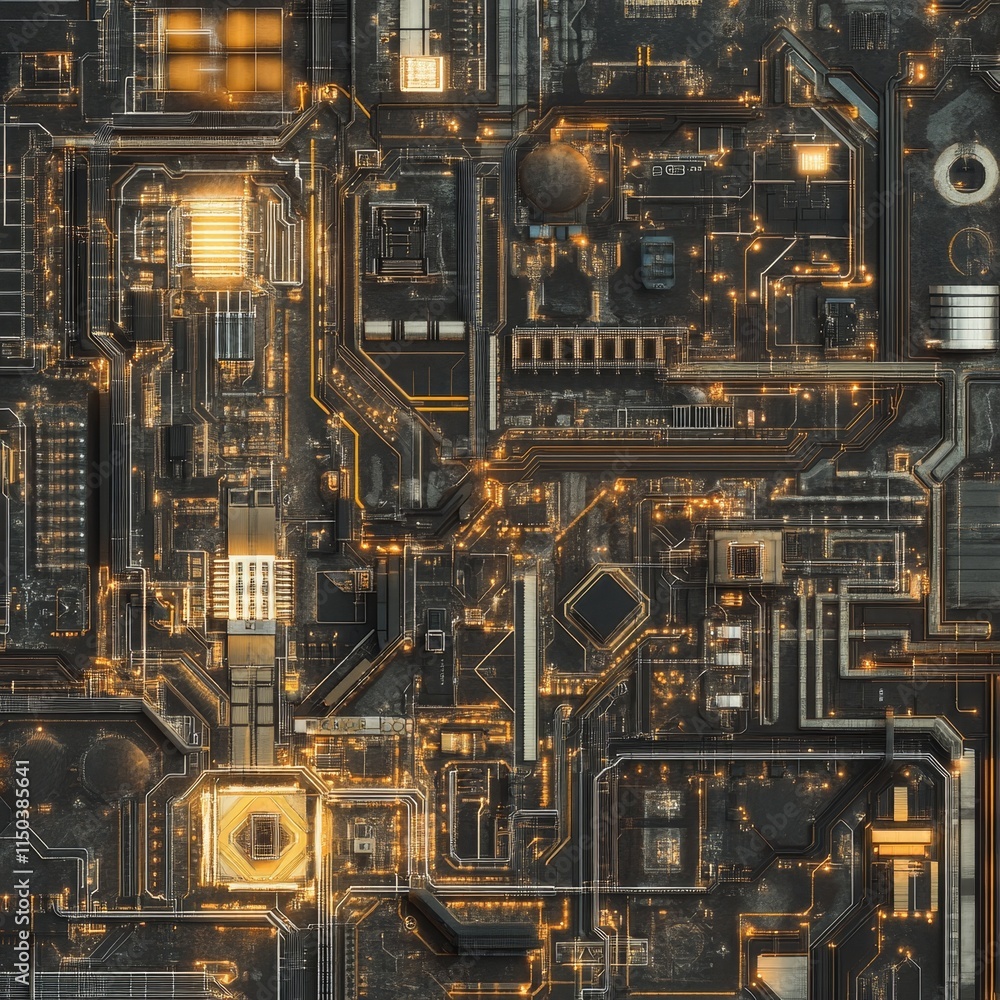 Poster circuit board patterns with glowing lines and intricate designs showcasing modern technology and ele