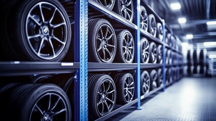 Tires neatly stacked and arranged on a tire rack for organized storage in a warehouse