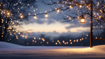 Serene Scene with Twinkling Lights in a Winter Wonderland Setting