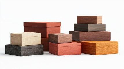 Stacked wooden boxes in various sizes and colors.
