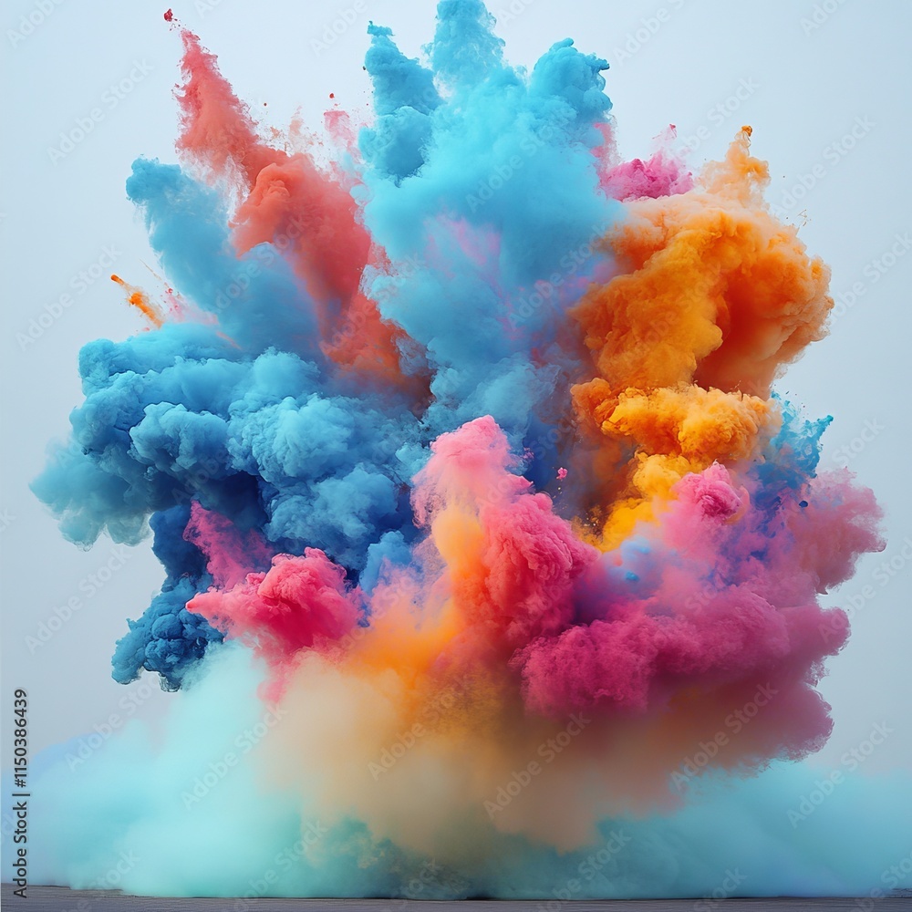 Poster vibrant explosion of colorful smoke rising dramatically against a neutral backdrop creating an artis