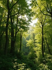 Fototapeta premium Lush green forest panorama, sun-drenched summer foliage, nature, sky, peaceful