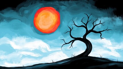 Fototapeta premium A painting of a dead tree with a full moon in the background