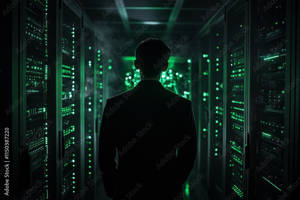 Aufkleber individual stands in a data center surrounded by glowing servers while observing a matrix of digital