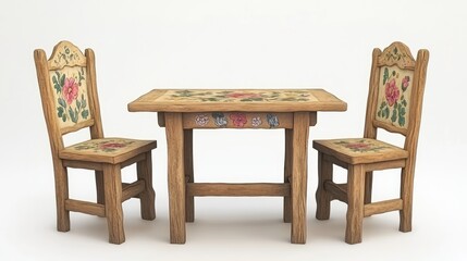 Rustic wooden table and two chairs with floral hand-painted design.