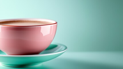 A pink cup of coffee on a green saucer