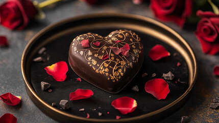 Heart-shaped chocolate gift with intricate gold detailing, surrounded by fresh roses and delicate petals, presented on a luxurious velvet tray.