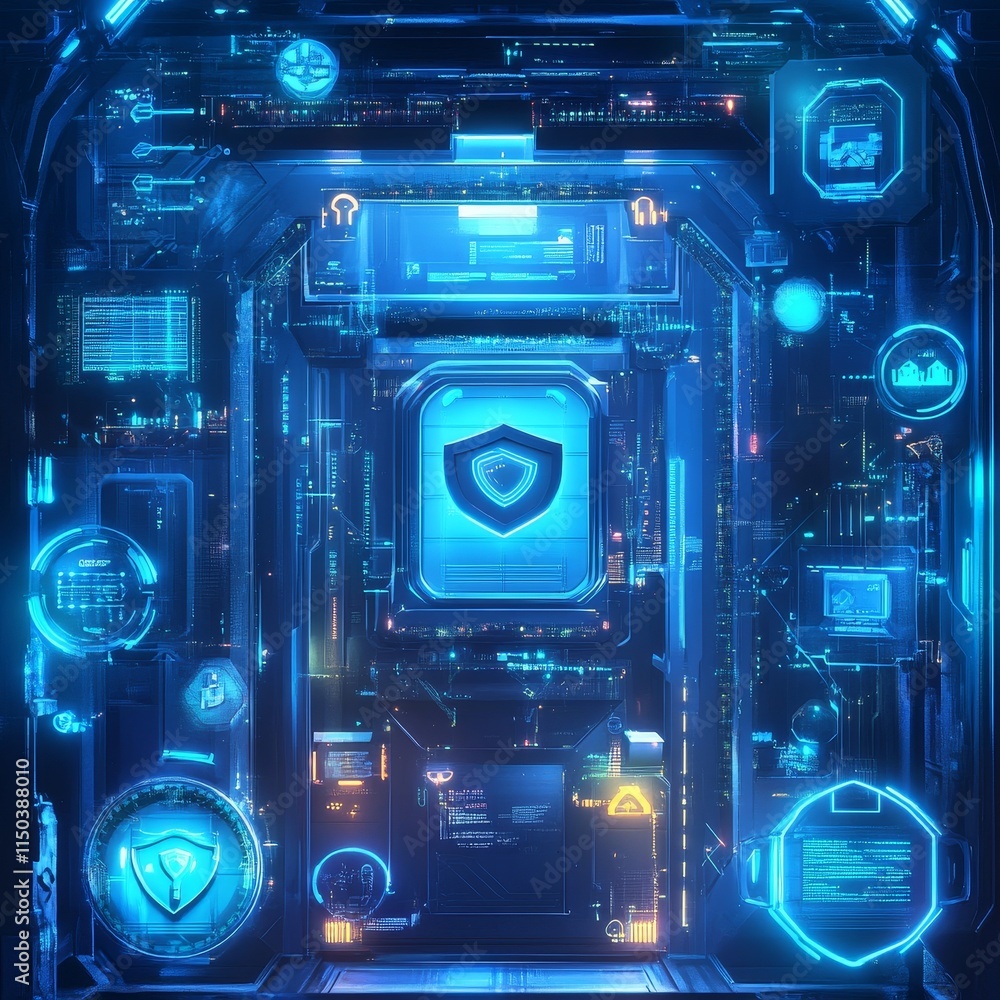 Aufkleber futuristic digital interface showcasing cybersecurity features and blue glowing elements in a tech-i