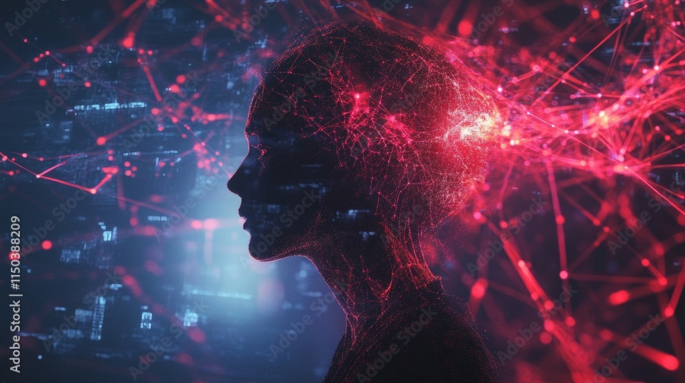 Poster artificial intelligence silhouette surrounded by vibrant neural connections in a dark futuristic set