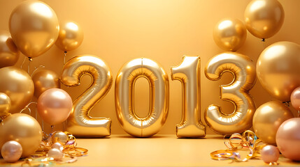 2013 Decorated with balloons surrounded by rainbow confetti, ribbons and shiny balloons in shades of beige and gold, with soft lights shining all around to add to the festive atmosphere.