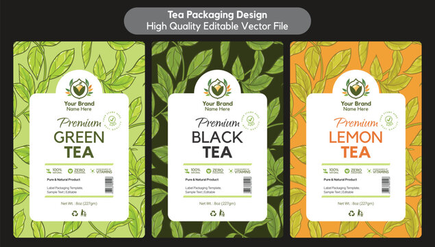 Editable Tea Label  Stand up Pouch Packaging Design Template Green Tea, Black Tea, Lemon Tea and Herbal Tea label template download