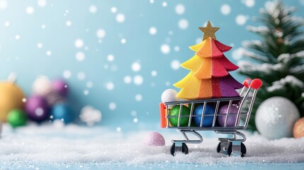 Colorful Shopping Cart with Vibrant Christmas Tree and Ornaments