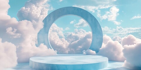a podium with a cloud background, in a blue pastel color