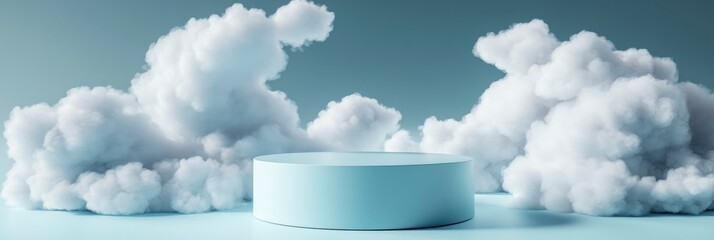 a podium with a cloud background, in a blue pastel color