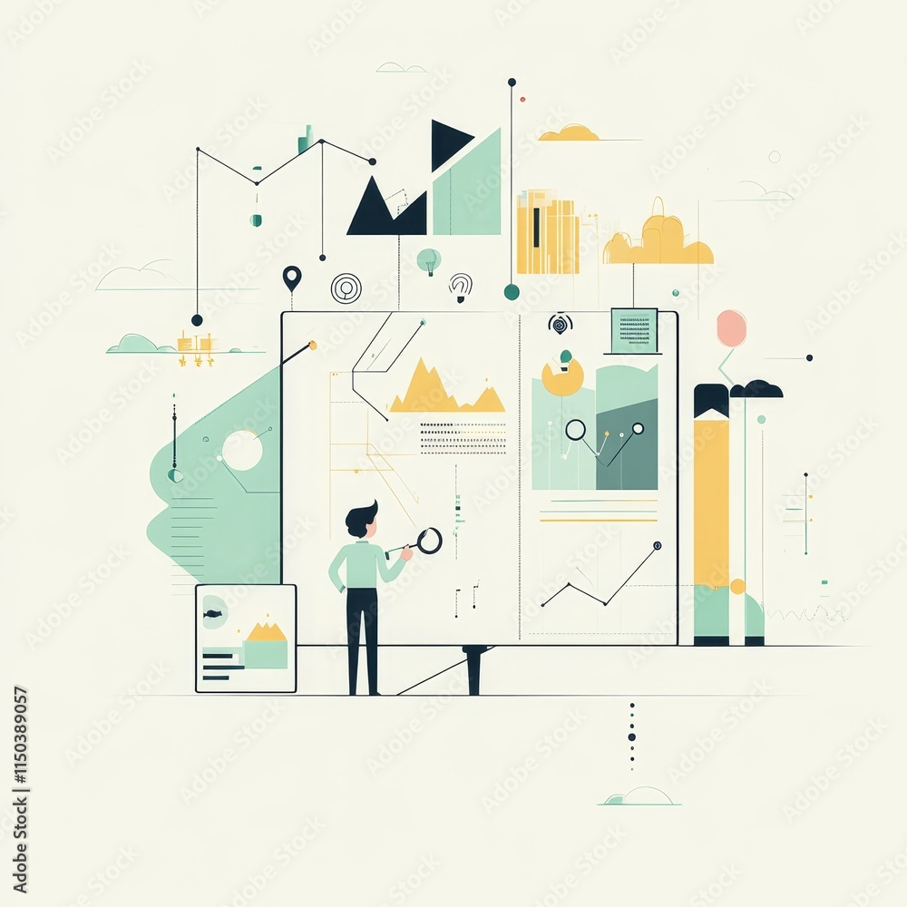 Aufkleber innovative data analysis concept with abstract graphs, charts, and a person examining information in