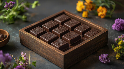 Personalized chocolate gift box with initials embossed on each piece, surrounded by edible flowers, elegantly displayed in a wooden keepsake box.