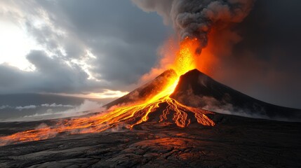 A volcano erupts lava into the air with a cloudy sky in the background
