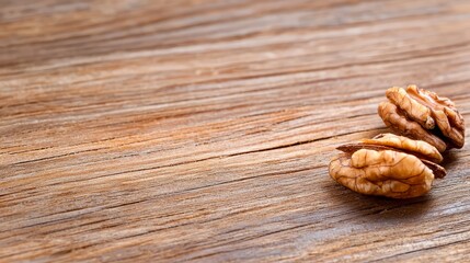 Fototapeta premium Two walnuts on a wooden surface