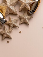 A photostock of polished golden stars scattered on a clean white background, shiny and festive, High Quality