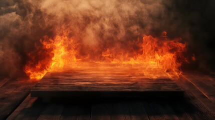 A wooden platform with a lot of fire and smoke surrounding it