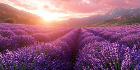 Obraz premium A breathtaking sunrise over a vibrant lavender field, with rolling hills and distant mountains creating a serene landscape filled with shades of purple and soft hues of pink.