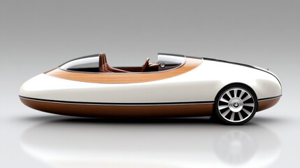 Side view of a sleek, modern, two-seater concept car with wooden accents.