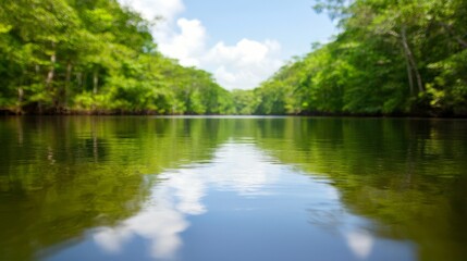 Obraz premium A body of water surrounded by trees and clouds