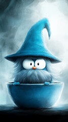 Fototapeta premium A blue gnome sitting in a blue bowl with a hat on