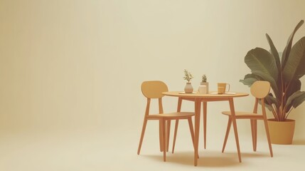 Minimalist room interior design with wooden table, chairs, and plant.