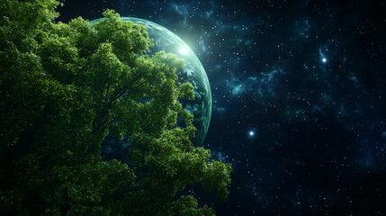 Vibrant Earth in Space with Greenery and Ecological Symbols