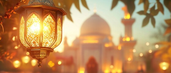 Ramadan Kareem greeting photo of beautiful Arabic lantern and mosque in the background representing the Islamic Holy Month